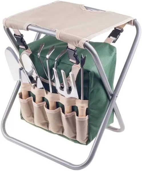 Folding Garden Stool with Tool Bag and 5 Garden Tools