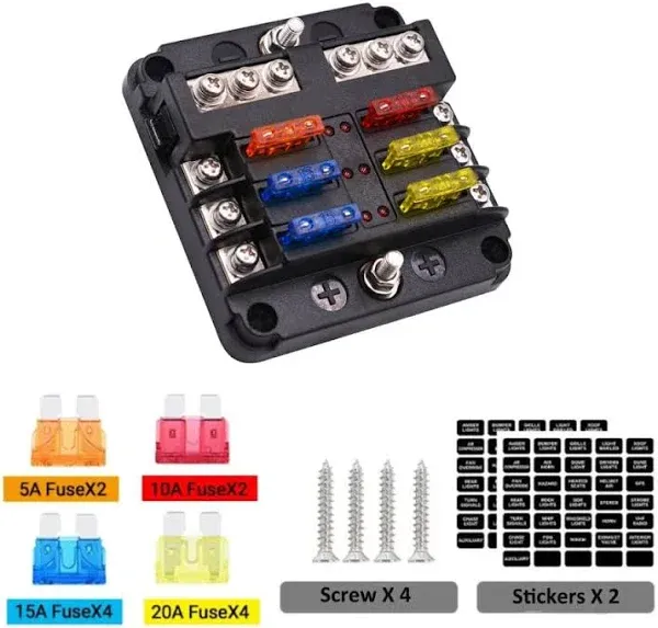 6 Way Fuse Block Waterproof Universal Fuse Box with LED Warning Indicator Dam...