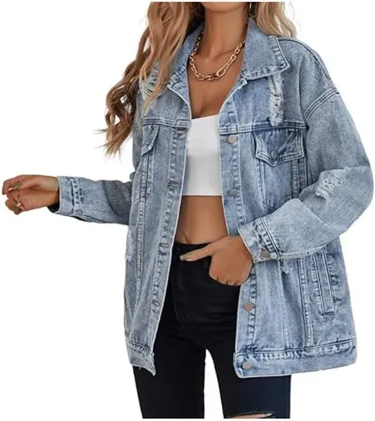 LifeShe Women's long oversized denim jacket boyfriend ripped distressed jean jackets coat