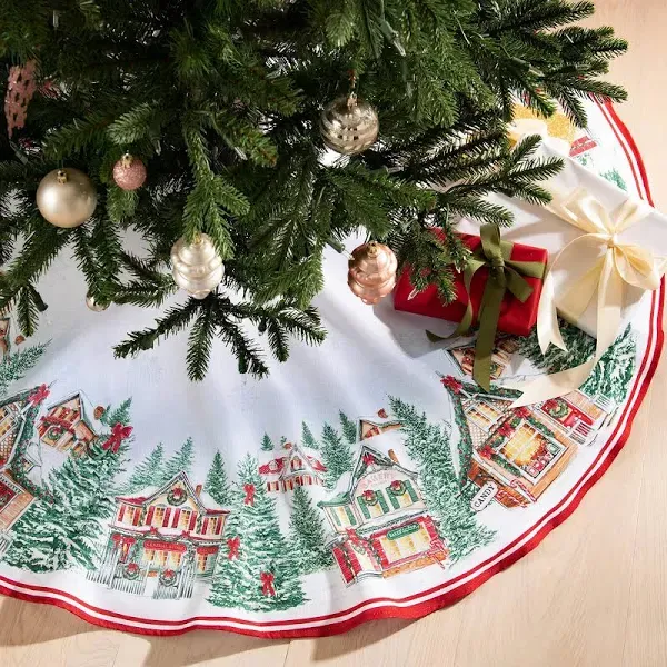 Elrene Home Fashions Storybook Christmas Village Nostalgic Holiday Round Tree Skirt Decoration, 48" W x 48" L, Multicolor