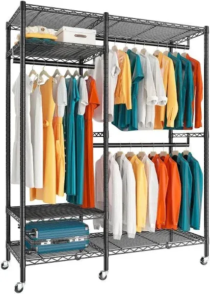 Raybee 650lbs Heavy Duty Clothes Rack with Wheels, Freestanding Portable Closet, Rolling Garment Rack for Hanging, Black Rolling Rack