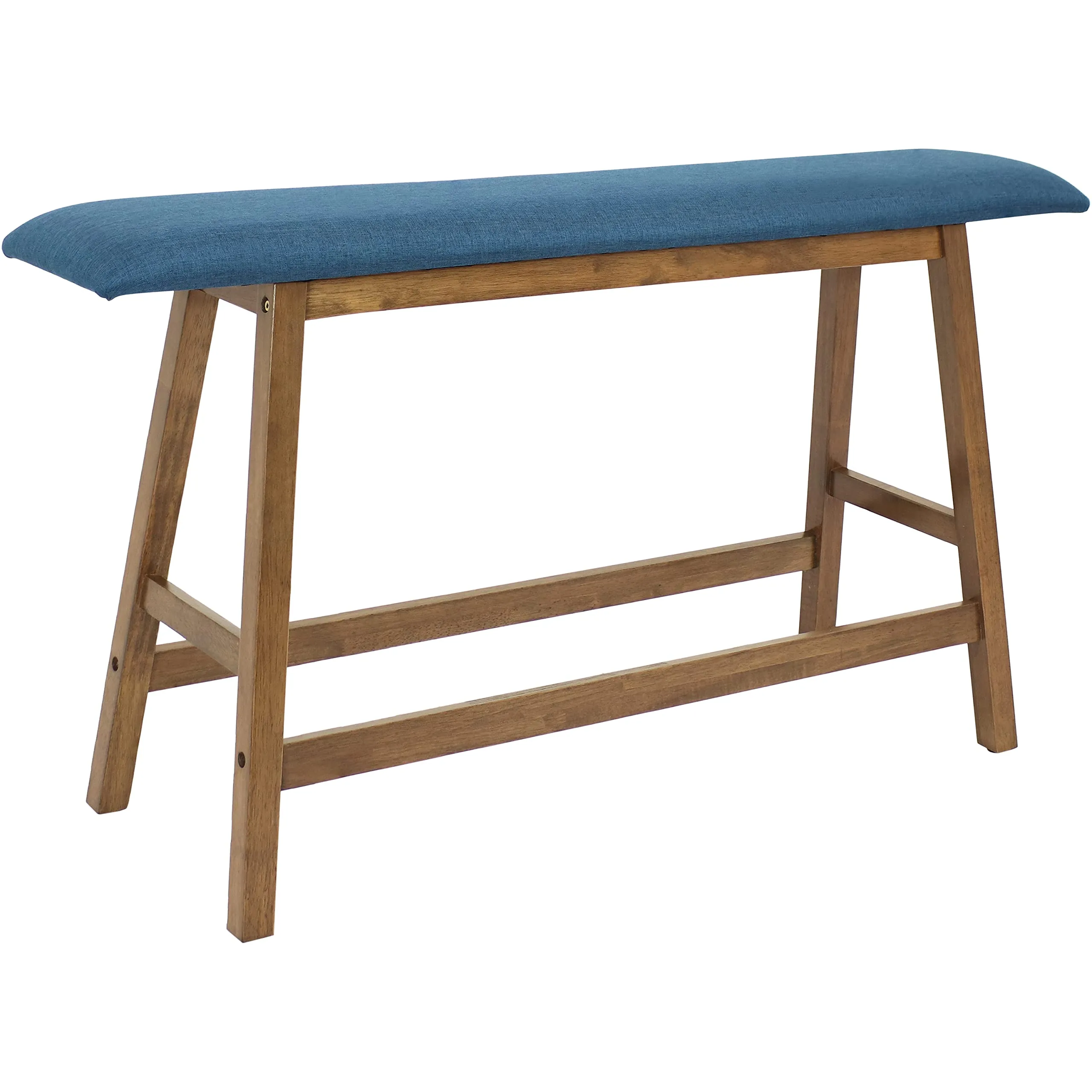 Sunnydaze Counter-Height Solid Rubberwood Backless Dining Bench - Weathered Oak Finish with Blue Cushion