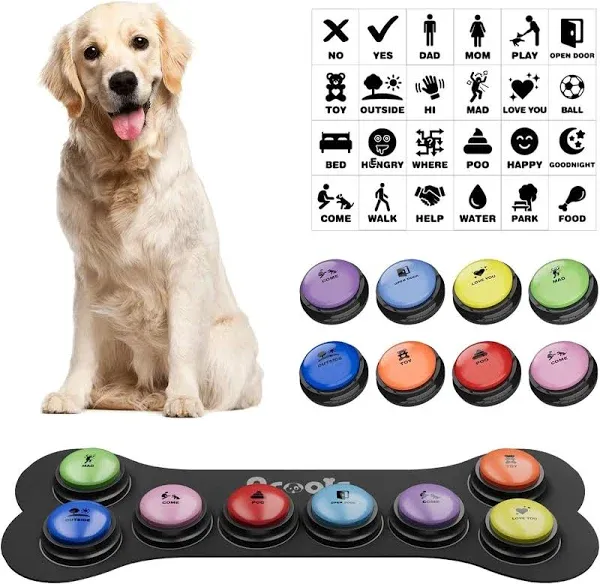 Dog Buttons for Communication, 8 Pcs Dog Talking Button Set, 30s Recordable Voice Pet Buzzer Training Buttons, Speaking Button for Dogs with Waterproof Anti-Slip Dog Button Mat and 24 Scene Stickers