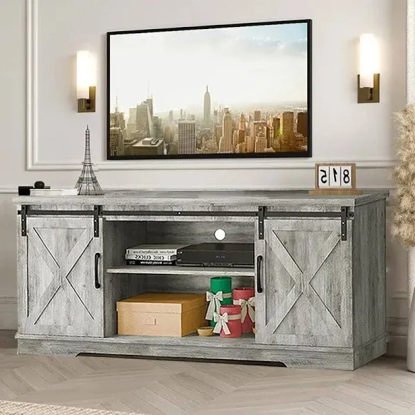 IDEALHOUSE Farmhouse TV Stand, Entertainment Center for 65 inch TV Media Console Table, White Barn Door TV Stand with Storage and Shelves, Modern TV