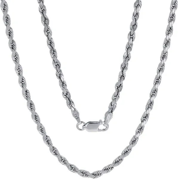 Nuragold 10K White Gold Diamond Cut Rope Chain Pendant Necklace