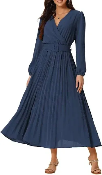 SDEER Womens Casual Dress V Neck Long Sleeve A Line Pleated Dress Tie Waist Solid Flowy Dress for Party Wedding Guest