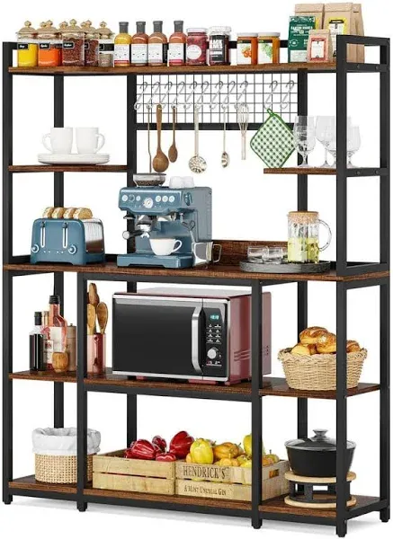 BYBLIGHT Baker&#039;s Rack 55 in. W Metal +5-Shelves +Microwave Shelf in Rustic Brown