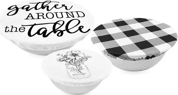 AuldHome Design Reusable Fabric Bowl Covers (Set of 3); Rustic Farmhouse Themed Black and White Stretchy Cloth Bowl Covers