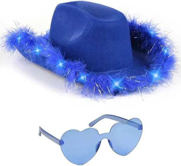 Funcredible Stylish Blue Cowgirl Hat with Glasses, Cowgirl Hat with Feathers