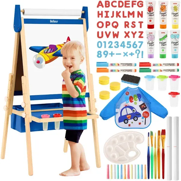 Belleur All-in-One Art Easel for Toddlers 2-8 with 2 Paper Rolls & Deluxe Accessories-Blue