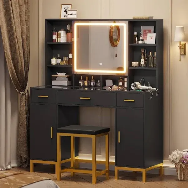 VIAGDO Vanity Desk with Openable Mirror, Lights, Glass Tabletop Makeup Vanity Set, Charging