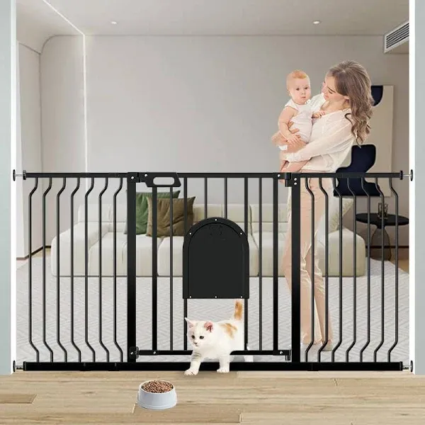 29.5-62 Inch Extra Wide Baby Gates, Mom's Choice Awards Winner-TSAYAWA Baby Gate with Cat Door for Pet Dog, Pressure Mounted Dog Gate Walk Through, Adjustable Pet Gates for Dogs Indoor, Black