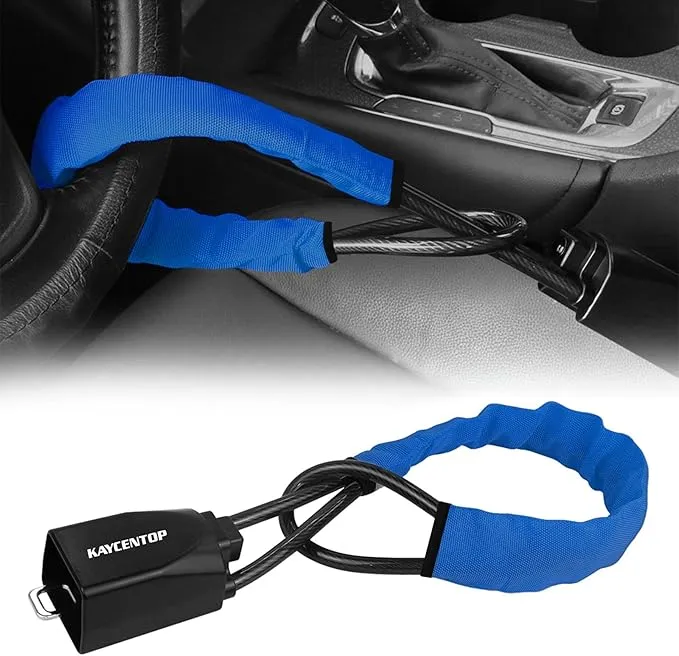 KAYCENTOP Car Steering Wheel Lock, Seat Belt Lock, Anti-Theft Device, Max 17 Inch Length, Small and Light-Weight, Multi-Functional, Fit Most Vehicle, SUV, Golf Cart Security (Blue)