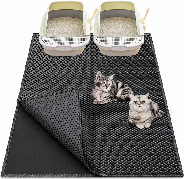 Large Cat Litter Mat: 36"x 30" Easy-clean Honeycomb Double-layer Scatter Control Carpet, Urine & Waterproof Kitty Cat Litter Box Trapping Mat(Black)