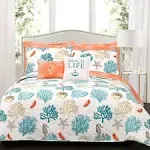 Lush Decor Coastal Reef Feather Reversible Oversized 5-Piece Quilt, Twin/Twin XL - Blue