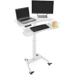 ModSavy Premier Electric Mobile Podium Desk with Keyboard Tray | Sit or Stand Height Adjustable Portable Standing Desk with Wheels | Portable Podium with Programmable Control Pad (White)