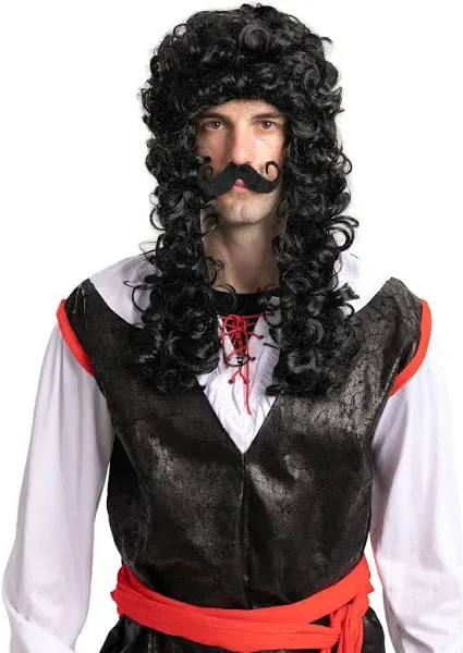 Spooktacular Creations Men's Black Pirate Wig with 1 Mustache Halloween Wig for Adults Cosplay Party Accessories