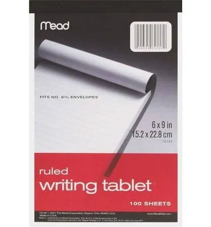 Mead Writing Tablet, 6" x 9" Paper Pad, Plain Note Pad, 100 Sheets (70104)