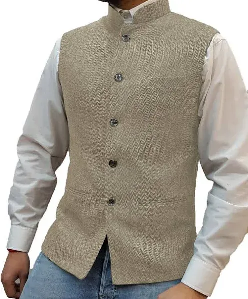 Tuikayoo Mens Herringbone Wool Vests Suit Business Tweed High Collar Waistcoats Slim Fit