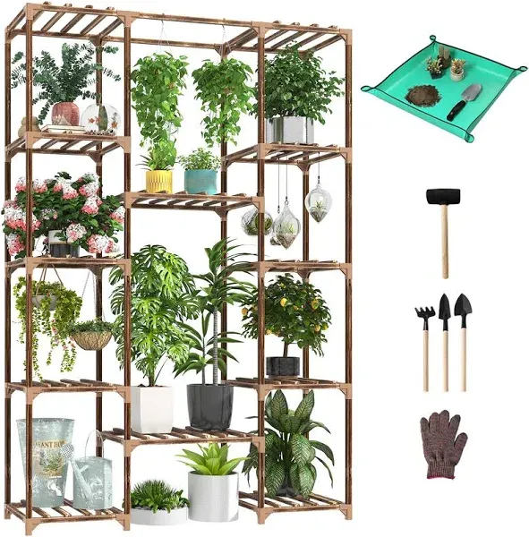 cfmour Wood Plant Stand Indoor Outdoor,62.2" Tall Flower Shelf Tiered Plant Stands for Multiple Plants Large Planter Holder Hanging Shelves Rack for Living Room Garden Balcony Patio,with Repotting Mat