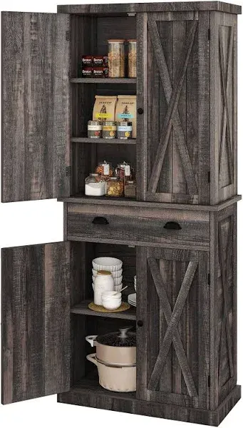 YITAHOME 72'' Tall Kitchen Pantry, Farmhouse Kitchen Storage Cabinets with Barn Doors, Drawer and Adjustable Shelves