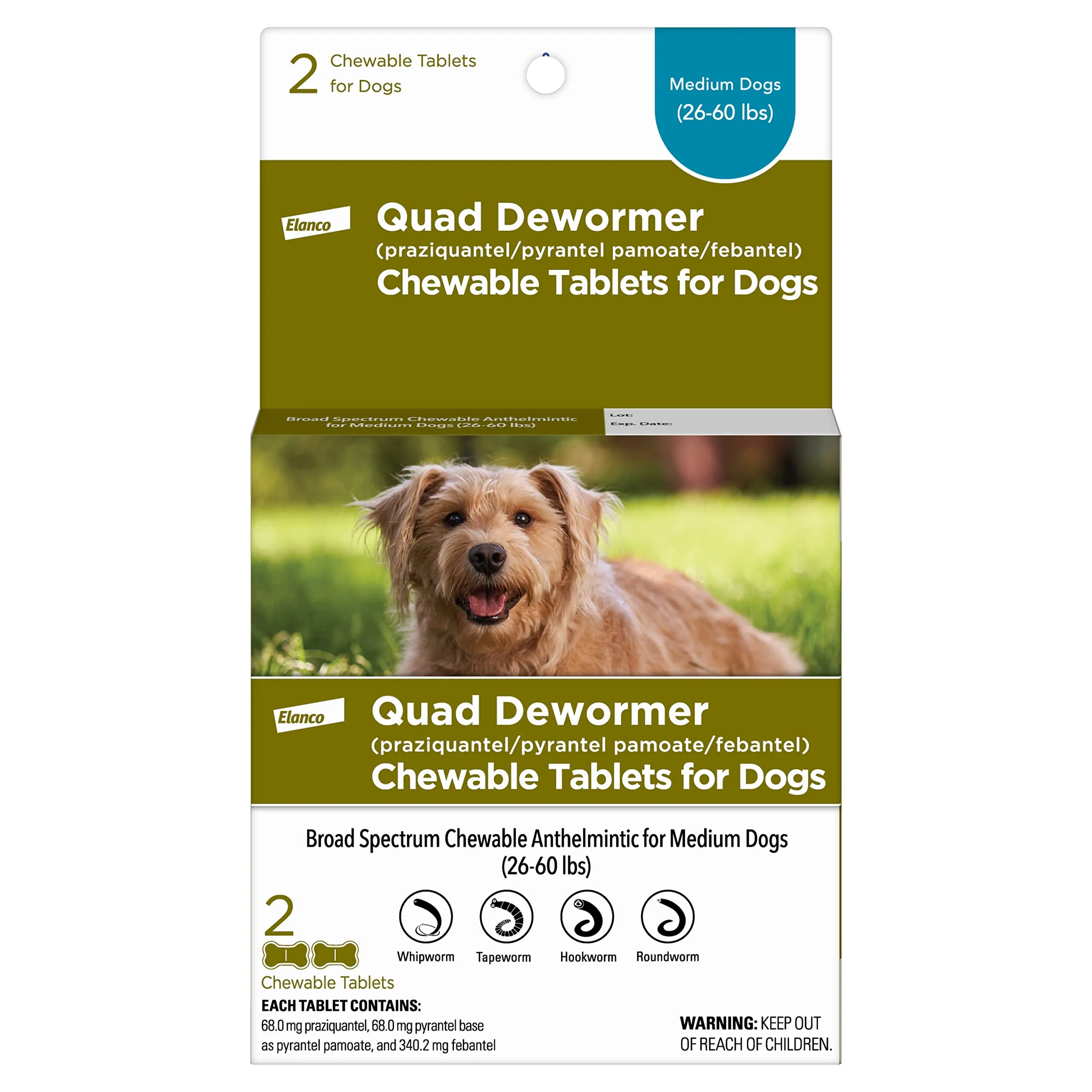 Chewable Quad Dewormer for Medium Dogs, 26-60 lbs, 2 chewable tablets