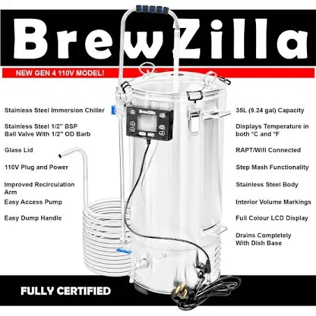 35L | 9.25G | 110V BrewZilla All Grain Brewing System Gen 4 w/ Pump, Chiller, Wi