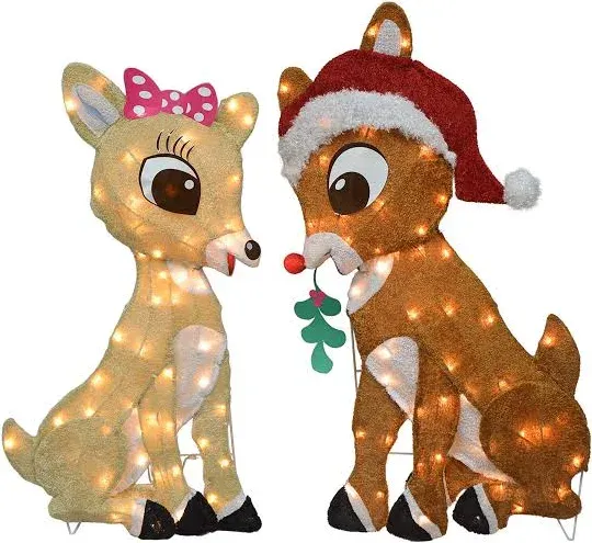 32&#034; Rudolph Pre-Lit 2D Rudolph and Clarice Sitting with Mistletoe Christmas 