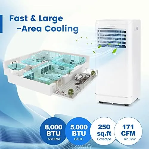 COSTWAY 8000 BTU Portable Air Conditioner, Personal AC Unit with Dehumidifier & Fan Mode, Sleep Mode, 24H Timer, LED Display, Child Lock, Remote Control, Cool Rooms up to 250 Sq.Ft