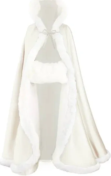 BEAUTELICATE Wedding Cape Hooded Cloak for Bride Winter Reversible with Fur Trim Free Hand Muff