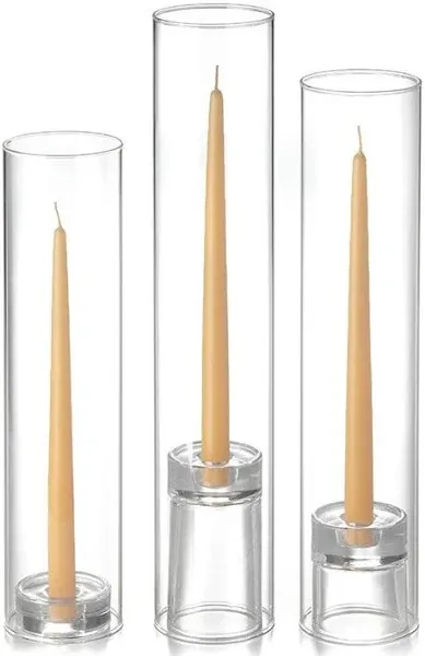 12 Taper Candles, 12 Glass Chimneys and 12 Glass Taper Holders