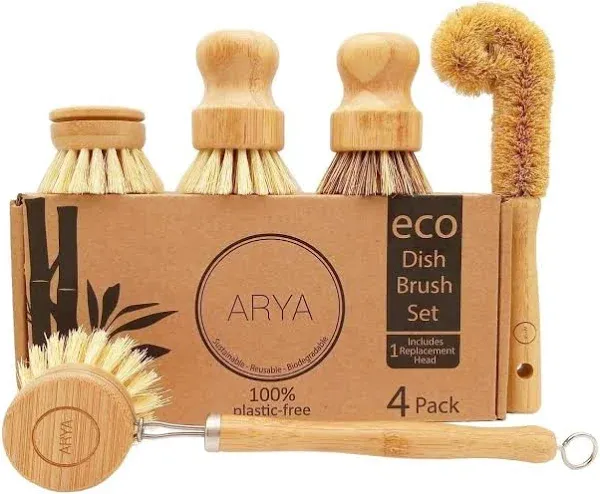 ARYA. Eco Dish Brush Set 4 Kitchen Washing Up Brushes & One Replacement Head