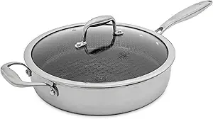 Hell's Kitchen Hybrid 4 Qt Sauté Pan and lid, Tri-Clad Stainless Steel and Nonstick Ceramic, PFAS Free, no PFOA, PTFE, or Teflon, Non Toxic Cookware, Metal Utensil Safe, All Cooktops and Oven Safe