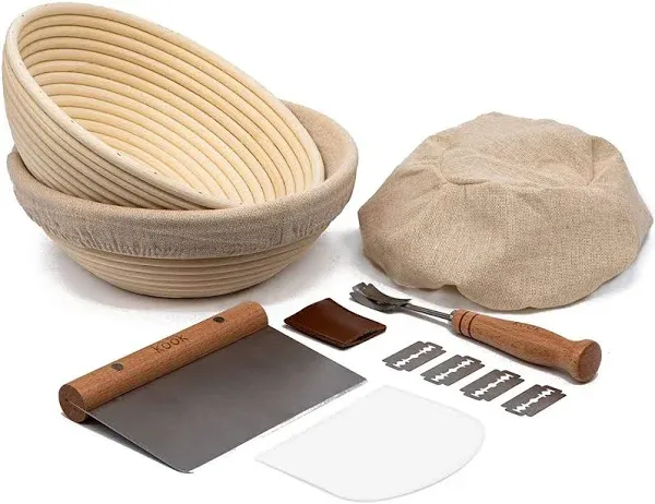 Bread Proofing Set, by Kook, Sourdough Bread, Rattan Baskets and Liners, 1 Round and 1 Oval Banneton Basket, Dough Scrapers, Scoring Lame & Case, 4 Blades, Brush, Plastic Dough Cover, Set of 2