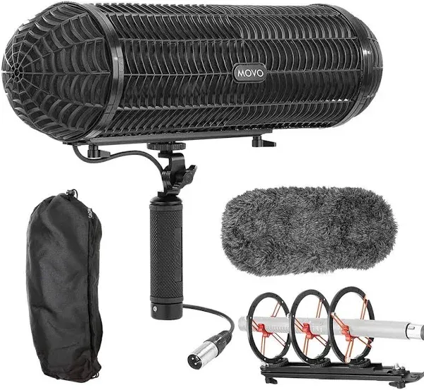 Movo BWS1000 Blimp Wind & Vibration Protection System for Shotgun Microphones - Features 12-point Internal Shockmount, Integrated XLR Cable, Furry Deadcat Windscreen & Grip Handle with Boom Attachment