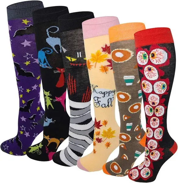 Knee High Socks | Halloween Fall Fancy Design | Womens (6 Pairs)