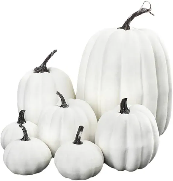 7 Pcs Assorted Sizes Fall Artificial Pumpkins Harvest Pumpkins Faux Foam Pumpkins for Fall Autumn Season Halloween Thanksgiving Harvest Holiday Season Festive Tabletop Decoration (White)