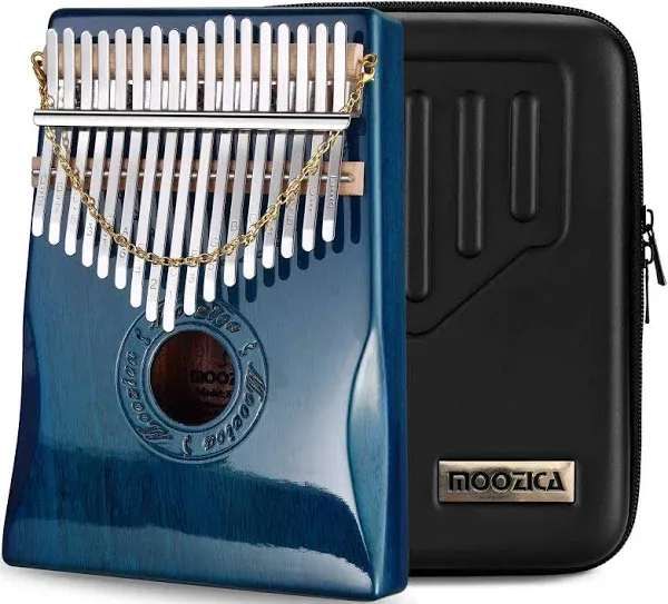 Moozica 17 Keys Kalimba Thumb Piano, Solid Mahogany Wood Professional Marimba Mbira with Piano Lacquer Finishing Musical Instrument Gift (Blue-K17BP)