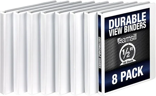 Samsill Durable Non-Stick 1/2&#034; 3-Ring View Binder White 8/Pack (S88417)