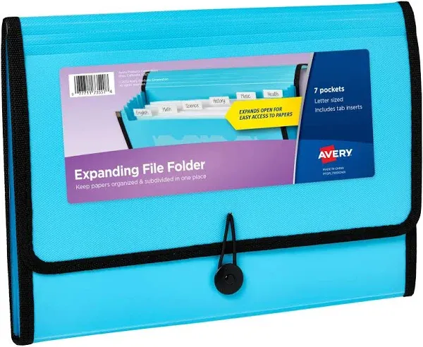 Avery Expanding File Folder Organizer, 7-Pocket Accordion File Organizer, Aqua, Holds 425 Letter/A4-Size Sheets (73551)