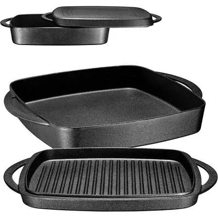 2-in-1 Pre-seasoned Square Cast Iron Dutch Oven With Dual Handles