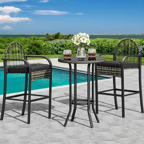  Patio Bar Table Sets, 3-Piece Outdoor Wicker Bar Height Black+Light Yellow