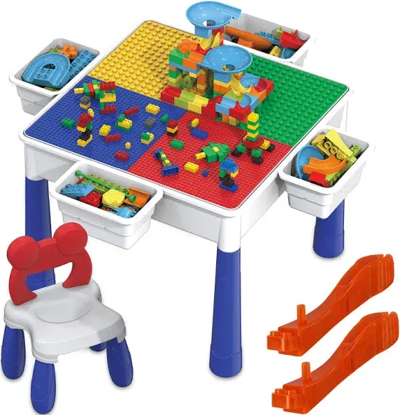 PicassoTiles Kids Multi Activity Table, Storage Bin & Chair Set Combo, 581 PCs Building Block with Marble Run Play Table Compatible with Building Bricks Blocks STEM Toy for Boys & Girls Ages 3+