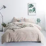 Tan Gingham Duvet Cover King 100% Washed Cotton Beige Plaid Duvet Cover Set 3...