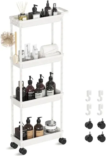 Slim Storage Cart, 4 Tier Bathroom Organizer Mobile Shelving Unit, Rolling Utili