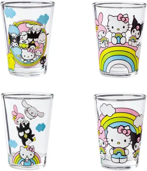 Silver Buffalo Sanrio Hello Kitty and Friends Rainbow Featuring Badtz-Maru, My Melody, Cinnamoroll, Kuromi, Little Twin Stars, Pochacco, Keroppi, Tuxedo Sam, and Chococat 4 Pack Mini Glass Set, 1.5oz