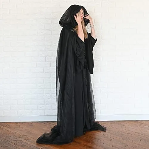 Black Hooded Tulle Cape - Long Chiffon Medieval Net Robe Vampire Bride Sheer Cloak Costume for Adults and Teens