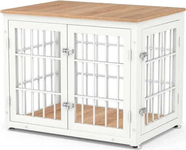 Heavy Duty Dog Crate Furniture for Medium and Small Dogs, Decorative Pet House End Table, Wooden Cage Kennel Furniture Indoor, White and Natural