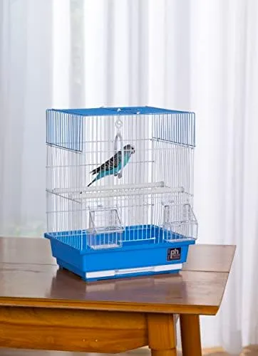 Economy Parakeet and Small Bird Cage - Flat Top Design - White Wire, Blue Plasti