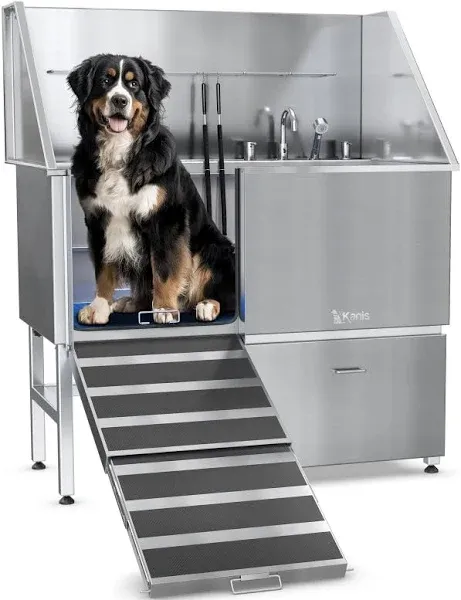 CO-Z 50 in Dog Grooming Tub with Nonskid Retractable Ramp for Large Dogs, Professional Dog Bathing Station, Stainless Steel Dog Washing Station with Swivel Faucet Pull Out Showerhead Storage Drawer